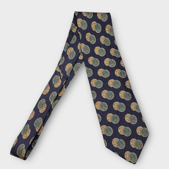 VALENTINO navy, teal & gold coin medallion print silk tie made in Italy luxury - Picture 3 of 6